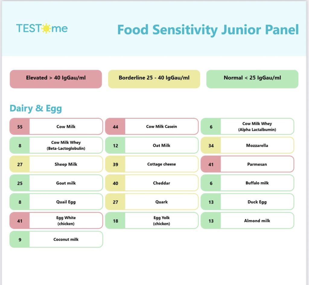 TESTme Junior food sensitivity results (example)